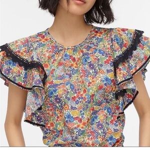 J. Crew Multicolor Floral Blouse with Ruffle Sleeves